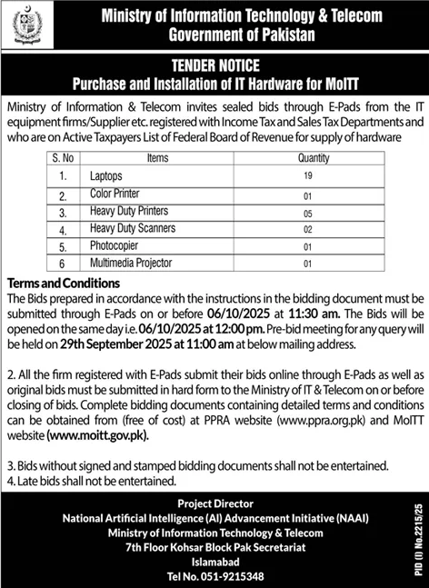Ministry of Information Technology & Telecom Islamabad Tender Notice